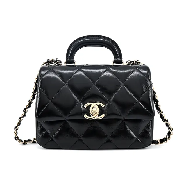 【CHANEL 香奈兒】經典LOGO菱格紋小羊皮迷你翻蓋手提/斜背包(黑色)