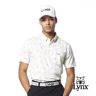 【Lynx Golf】男款吸濕排汗花草鶴印花領尖扣繡花胸袋款短袖POLO衫/高爾夫球衫(淺綠色)