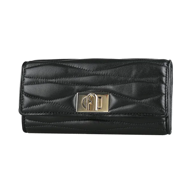 【FURLA 芙拉】FURLA 1927系列絎縫線設計轉釦翻蓋二折長夾(黑)
