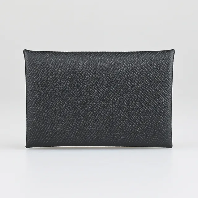 【Hermes 愛馬仕】HERMES Calvi系列內側燙印銀LOGO小牛皮翻蓋按釦式名片卡夾包(黑)