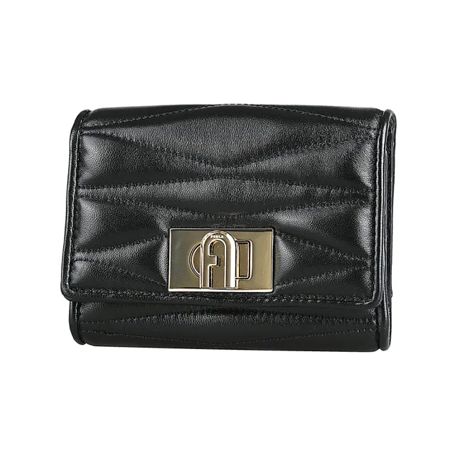 【FURLA 芙拉】FURLA 1927系列絎縫線設計轉釦翻蓋短夾(黑)