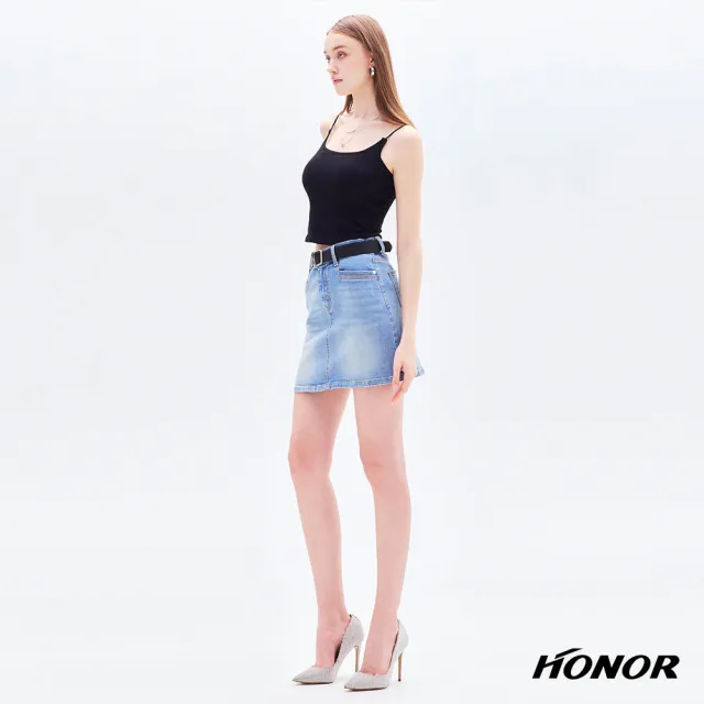 【HONOR 山形屋】出清品 經典方扣皮帶口袋牛仔短裙-藍(限定出清)