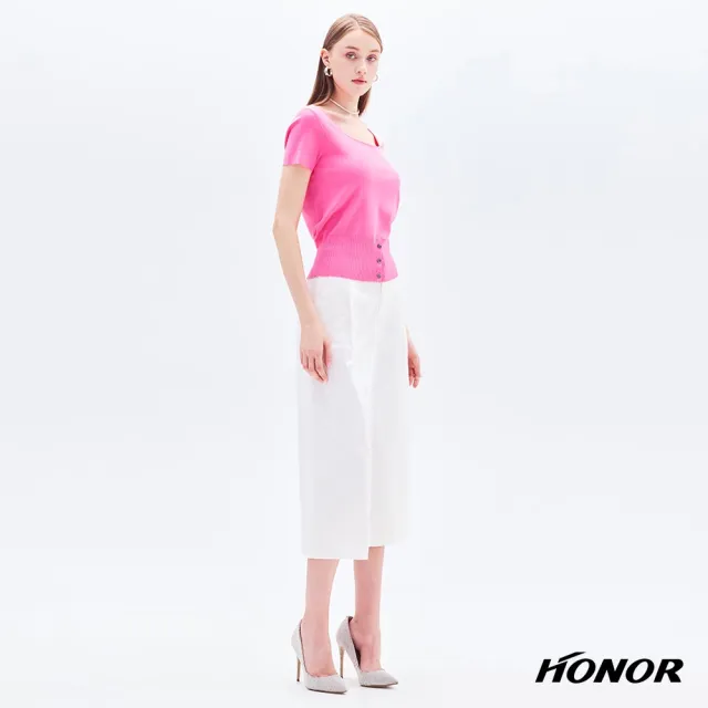 【HONOR 山形屋】出清品 方領針織排扣寬版收腰上衣-黑/粉(限定出清)
