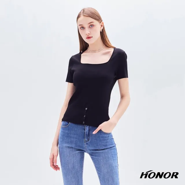 【HONOR 山形屋】出清品 方領針織排扣寬版收腰上衣-黑/粉(限定出清)