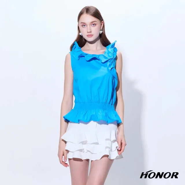【HONOR 山形屋】出清品 荷葉領不對稱抓皺收腰無袖上衣-藍(限定出清)