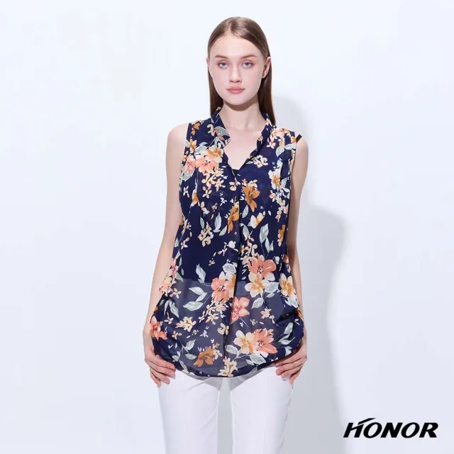 【HONOR 山形屋】出清品 透紗花卉層次剪裁無袖上衣-深藍/綠(限定出清)