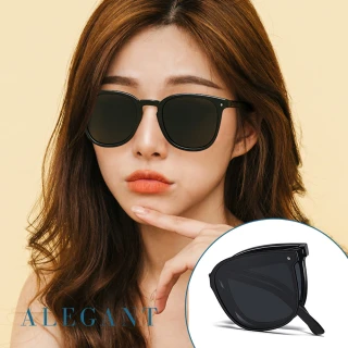 【ALEGANT】輕巧時尚玄鷹黑彈簧鏡腳折疊太陽眼鏡/UV400方框摺疊偏光墨鏡(舒適氣墊/輕盈穿搭/露營墨鏡)