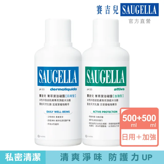 【SAUGELLA 賽吉兒】菁萃潔浴凝露日用加強500ml重量超值組(私密處清潔保養)