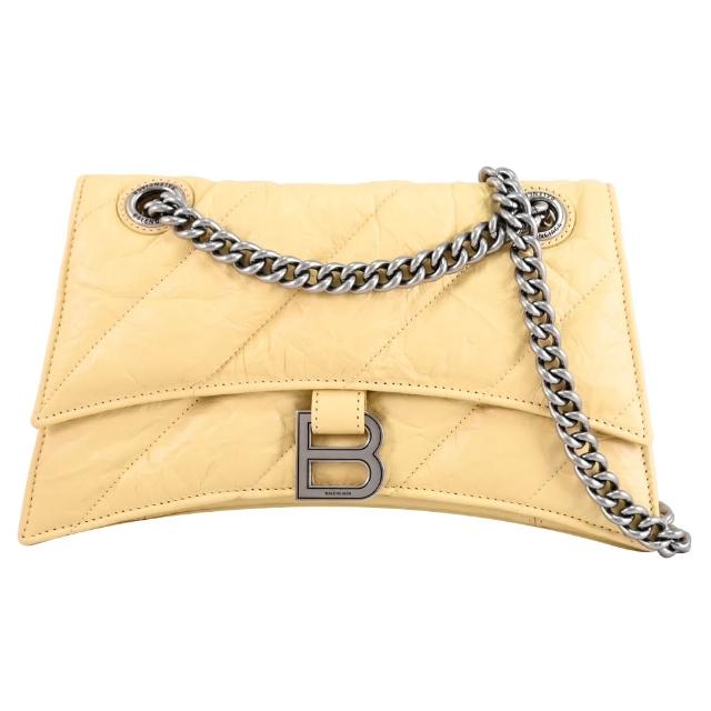 【Balenciaga 巴黎世家】CRUSH 品牌B字LOGO揉製牛皮肩斜三用沙漏包鍊包(淡黃)