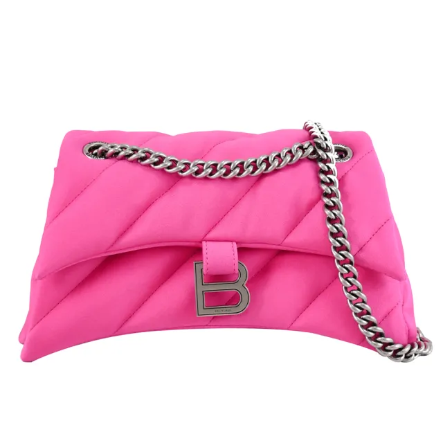 【Balenciaga 巴黎世家】CRUSH 品牌B字LOGO絎縫布料肩斜三用沙漏包鍊包(桃紅)