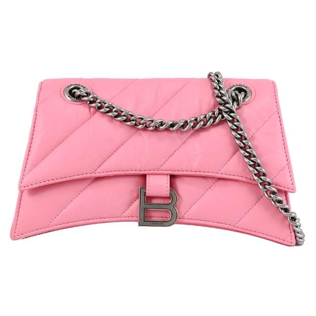【Balenciaga 巴黎世家】CRUSH 品牌B字LOGO揉製牛皮肩斜三用沙漏包鍊包(粉)