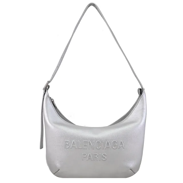 【Balenciaga 巴黎世家】MARY KATE 簡約LOGO柔軟牛皮手提包彎月包肩背包(銀)