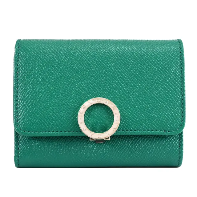 【BVLGARI 寶格麗】簡約金屬圓釦LOGO撞色牛皮三折零錢短夾(綠)