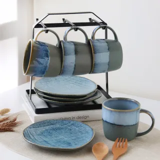 【Just Home】日系星空窯變陶瓷杯盤8件組附收納架(杯 水杯 拿鐵杯 咖啡杯 下午茶 點心盤)