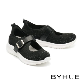 【BYHUE】華麗時尚晶鑽寬帶飛織軟芯厚底休閒鞋(黑)