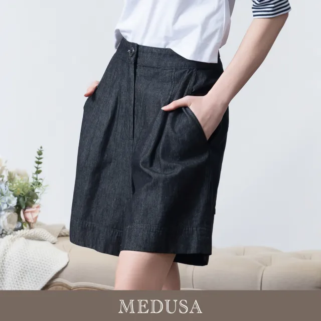 【MEDUSA 曼度莎】現貨-修身打褶純黑A字短褲（M-XL）｜女休閒短褲 女五分褲 女棉短褲(601-73503)