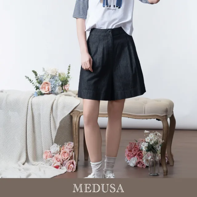 【MEDUSA 曼度莎】現貨-修身打褶純黑A字短褲（M-XL）｜女休閒短褲 女五分褲 女棉短褲(601-73503)