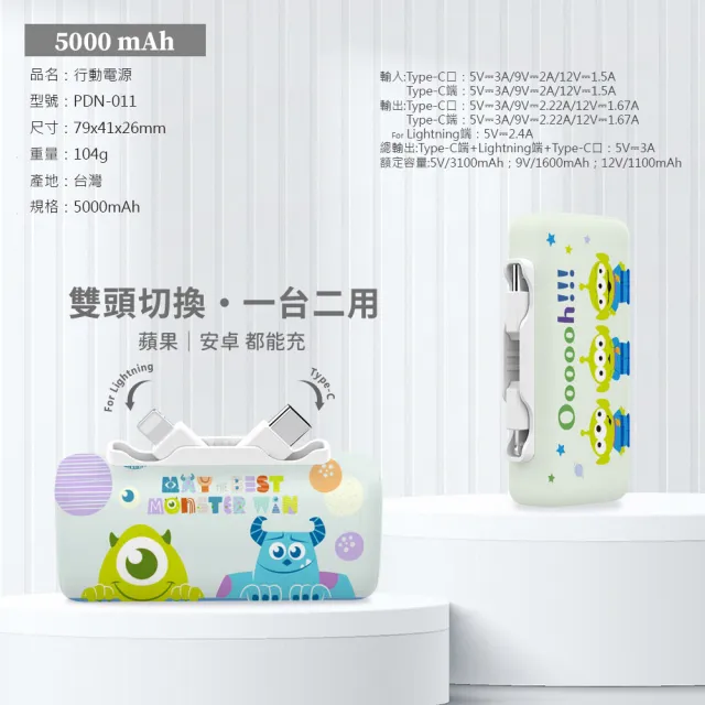【Disney 迪士尼】雙頭直插式快充行動電源 5000mAh (三眼怪/維尼/毛怪/PDN-011)
