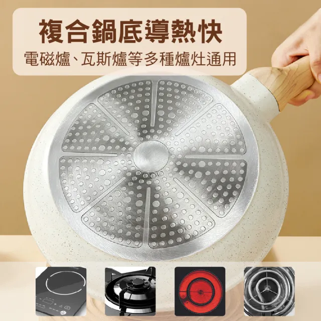 【鼎匠】無鉚釘 麥飯石不沾鍋 加深平底鍋28cm附玻璃鍋蓋 不挑爐具IH電磁爐 超輕量煎鍋炒鍋 人體工學木紋柄