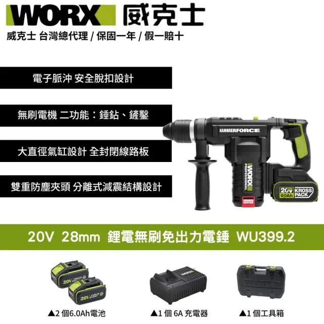 【WORX 威克士】20V 28mm 鋰電無刷出力電錘 WU399.2(無刷 無碳 無線 電錘 電鎚 錘鑽 鎚鑽 鋰電無碳壓鑽)