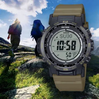 【CASIO 卡西歐】PRO TREK 太陽能六局電波三重感應器戶外運動腕錶 卡其色 44.6mm(PRW-35LD-5)