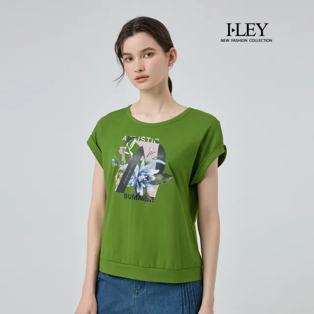 【ILEY 伊蕾】連肩袖膠印縲縈棉質上衣(綠；M-2L；1252011210)