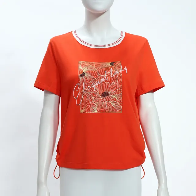 【ILEY 伊蕾】撞色圓領刺繡印花純棉上衣(桔；M-XL；1252341201)
