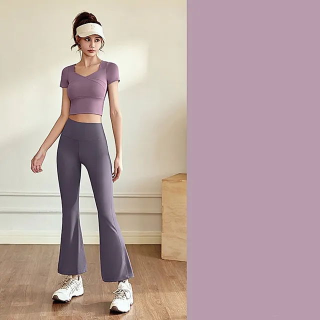 【米蘭精品】現貨+預購 瑜珈服套裝短袖運動服運動上衣瑜伽褲運動內衣(附胸墊速乾高彈女休閒服4色74ek26)