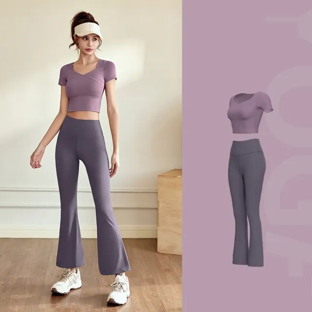 【米蘭精品】現貨+預購 瑜珈服套裝短袖運動服運動上衣瑜伽褲運動內衣(附胸墊速乾高彈女休閒服4色74ek26)