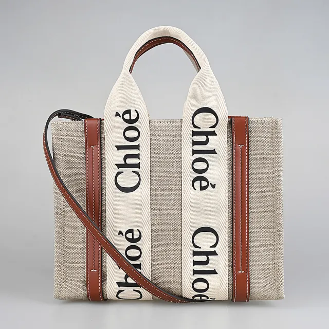 【Chloe’ 蔻依】Chloe Woody經典黑字LOGO織帶設計亞麻拼接小牛皮開口式手提斜背包(小/白x棕)