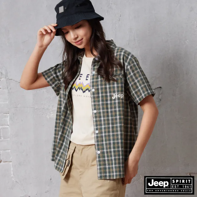 【JEEP】女裝 清新藍調格紋短袖襯衫(綠色)