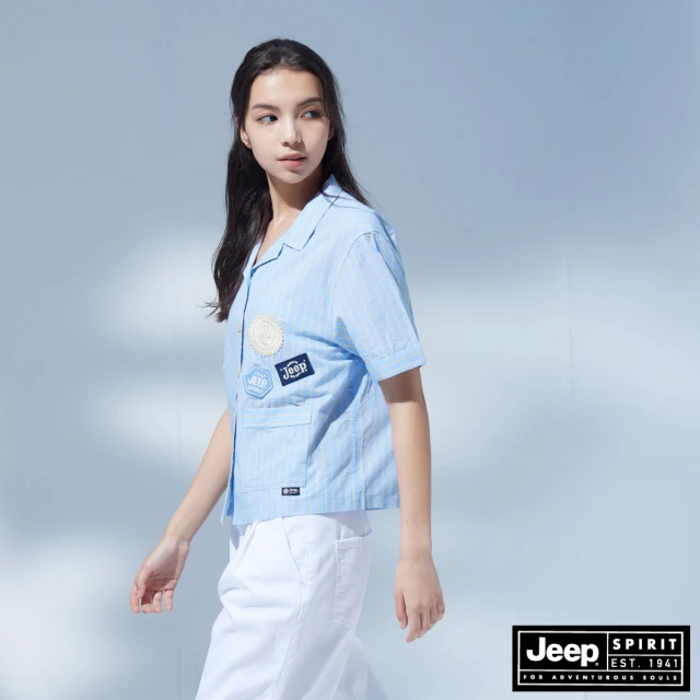 【JEEP】女裝 條紋趣味繡章短袖襯衫(藍色)