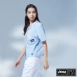【JEEP】女裝 條紋趣味繡章短袖襯衫(藍色)