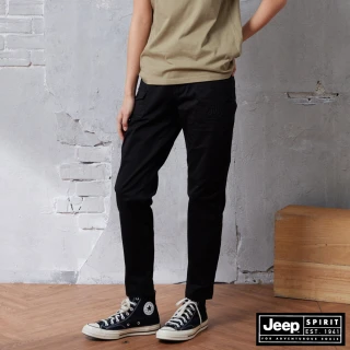 【JEEP】女裝 造型口袋彈性休閒長褲(黑色)