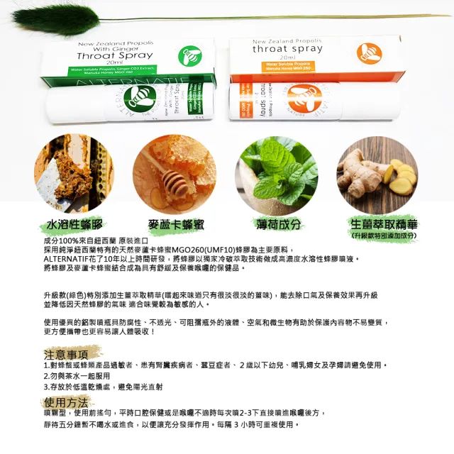 【紐西蘭 ALTERNATIF】麥蘆卡蜂蜜MGO260 蜂膠噴劑 一般款_橘色二入組(蜂膠噴霧 噴液 維持健康 口氣清新)