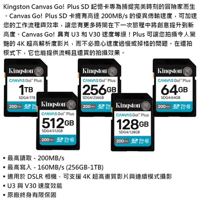 【Kingston 金士頓】128GB SDXC SD UHS-I U3 V30 A2 記憶卡(SDG4/128GB 平輸)