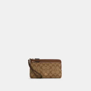 【COACH】蔻馳官方直營 經典Logo雙拉鏈皮夾-卡其色/馬鞍棕色2(C5576)