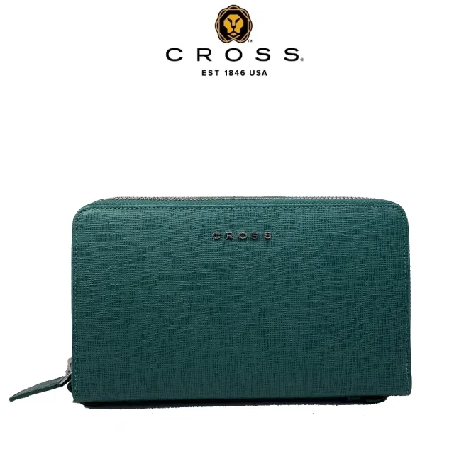 【CROSS】限量2折 頂級小牛皮十字紋雙拉鍊手拿包 全新專櫃展示品(綠色)