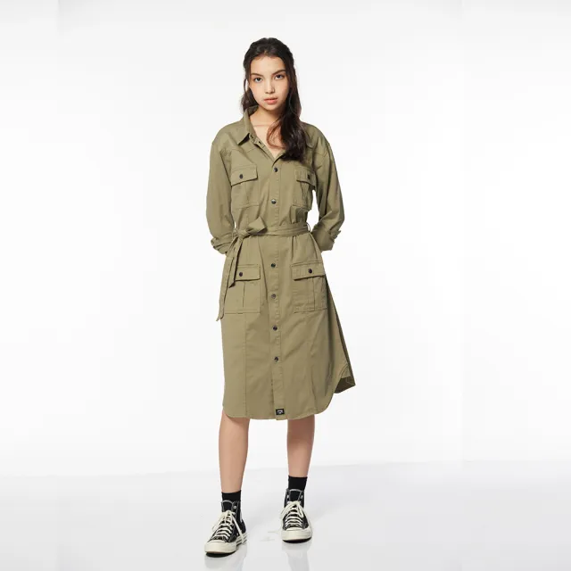 【JEEP】女裝 率性綁帶工裝長袖連身裙(軍綠色)
