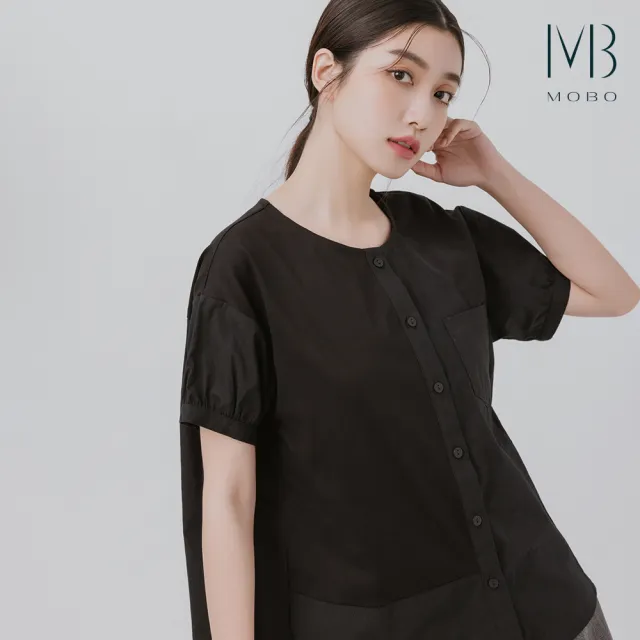 【MO-BO】圓領開襟拼接棉質上衣
