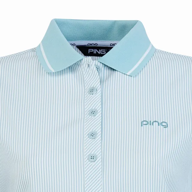 【PING】女款直條紋涼感短袖POLO衫-綠(日本素材/防皺/GOLF/高爾夫球衫/RA25101-45)