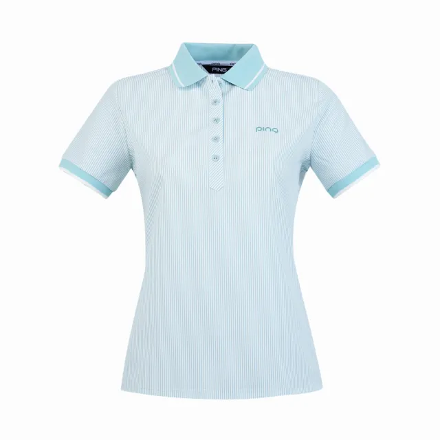 【PING】女款直條紋涼感短袖POLO衫-綠(日本素材/防皺/GOLF/高爾夫球衫/RA25101-45)