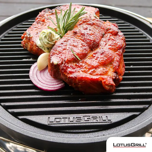【LotusGrill】德國無煙木炭烤肉架/爐七件組 烤爐+炙燒烤盤+烘罩+腳架+夾刷炭(G340 共6色)