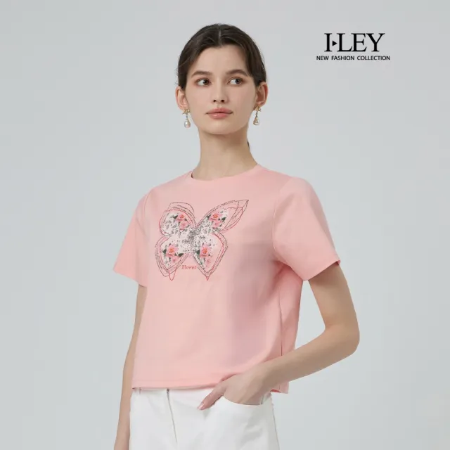 【ILEY 伊蕾】蝴蝶刺繡印花純棉短版上衣(淺粉；M-XL；1252651202)