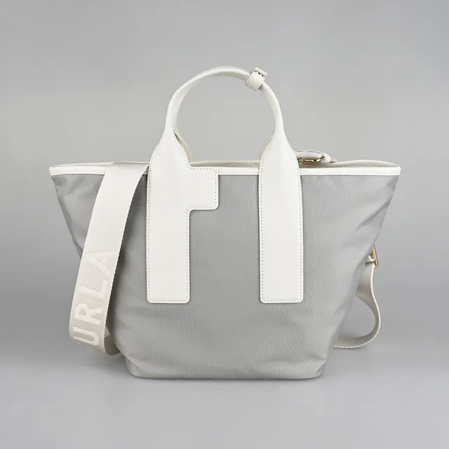 【FURLA 芙拉】FURLA Piuma皮標金字LOGO尼龍拉鍊手提/斜背托特包(中/灰x芭蕾粉紅x奶油白)