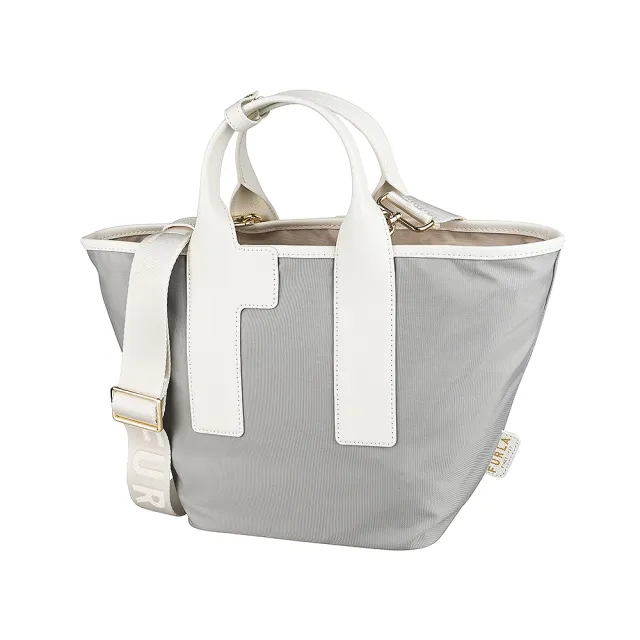 【FURLA 芙拉】FURLA Piuma皮標金字LOGO尼龍拉鍊手提/斜背托特包(中/灰x芭蕾粉紅x奶油白)