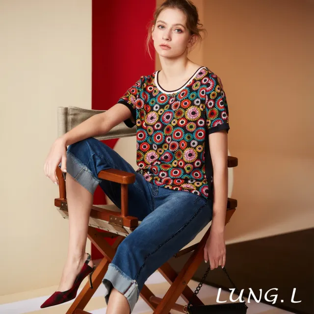 【LUNG.L 林佳樺】LS42A 黑色底萬花筒圖案短袖棉質女裝上衣(春夏新品 加大尺碼)