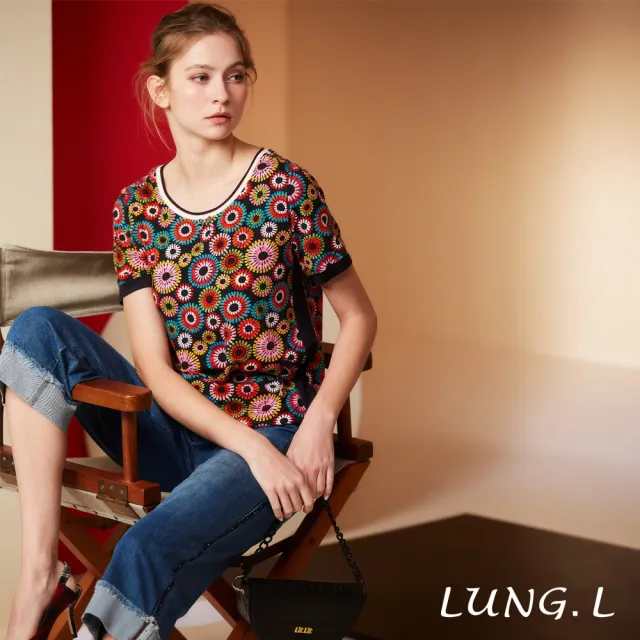 【LUNG.L 林佳樺】LS42A 黑色底萬花筒圖案短袖棉質女裝上衣(春夏新品 加大尺碼)
