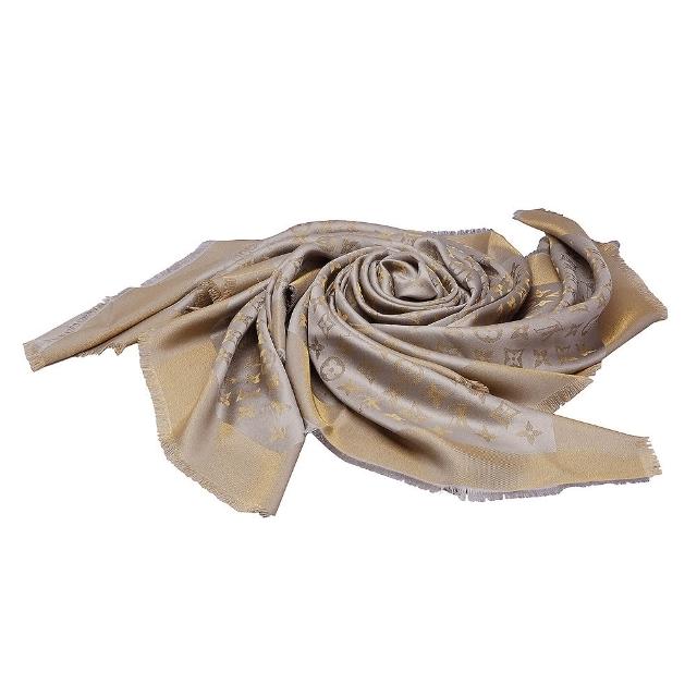 LV LOUIS VUITTON路易威登 M75121 經典 Monogram SHINE 金銀線織花羊毛紡絲大披巾