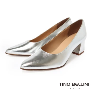 【TINO BELLINI 貝里尼】義大利進口真皮尖頭粗跟包鞋FSDV011-D(銀色)